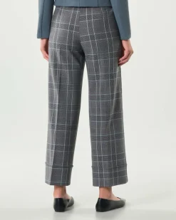 Pantaloni alla caviglia Emme Marella a fantasia check grigio e azzurro con risvolto al fondo