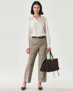 Pantaloni alla caviglia Emme Marella a fantasia check color noce e giallo con risvolto al fondo