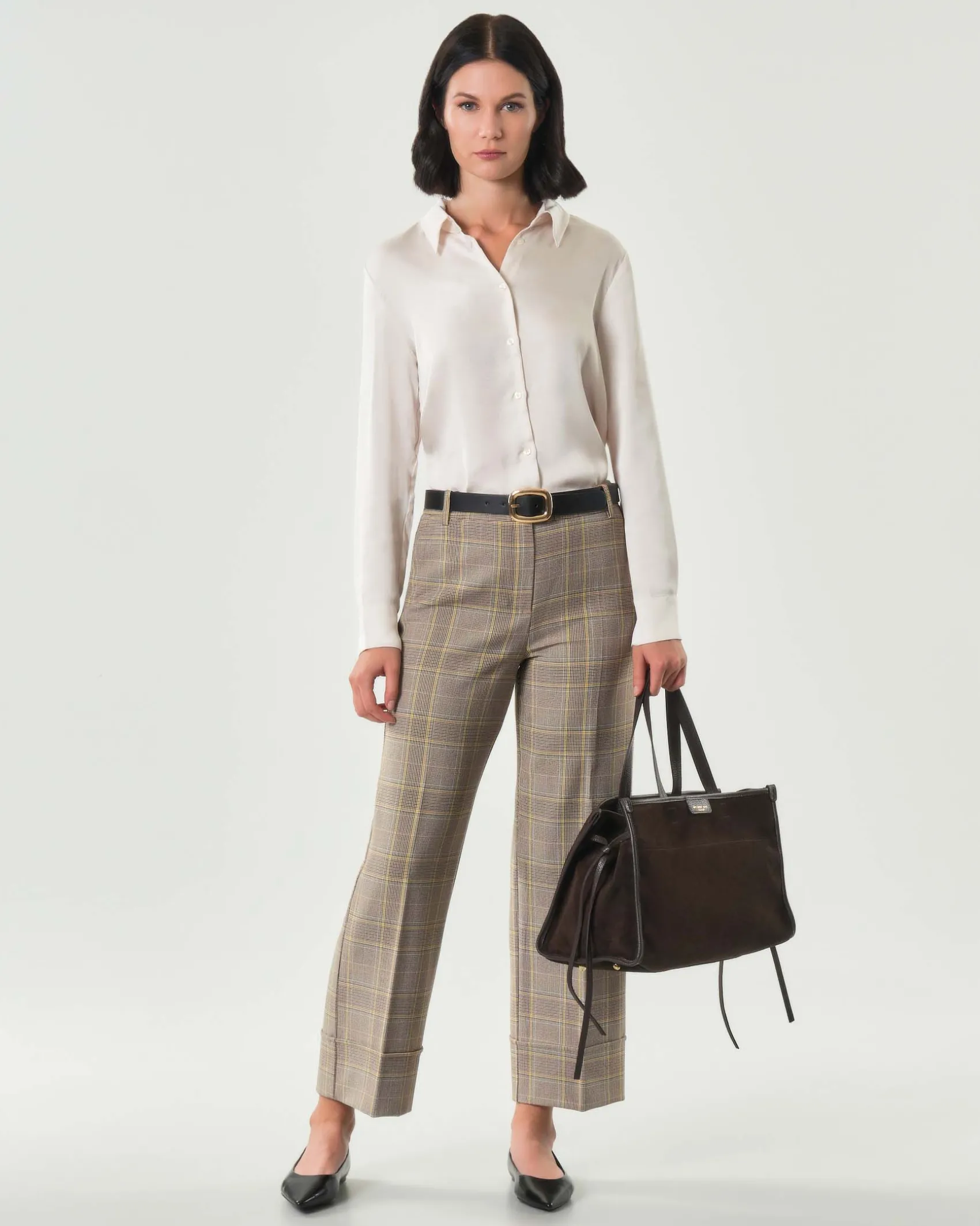 Pantaloni alla caviglia Emme Marella a fantasia check color noce e giallo con risvolto al fondo