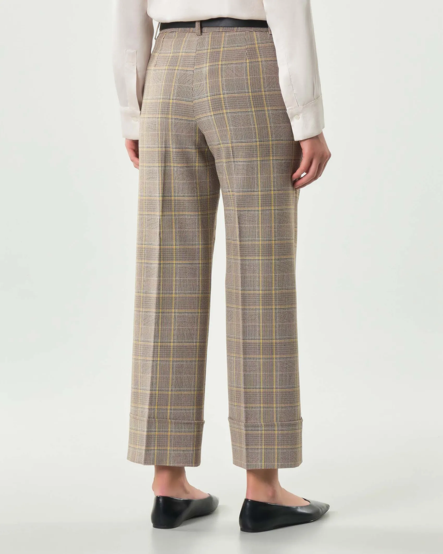 Pantaloni alla caviglia Emme Marella a fantasia check color noce e giallo con risvolto al fondo