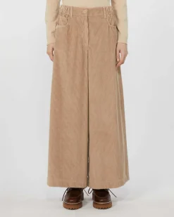 Pantaloni ampi cropped color sabbia Weekend Max Mara in velluto di puro cotone 350 righe con elastico inserito in vita
