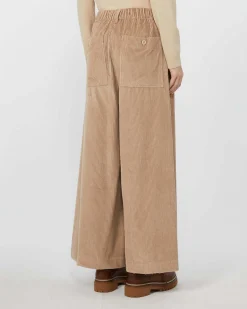 Pantaloni ampi cropped color sabbia Weekend Max Mara in velluto di puro cotone 350 righe con elastico inserito in vita