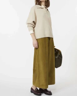 Pantaloni ampi cropped verde oliva Weekend Max Mara in velluto di puro cotone 350 righe con elastico inserito in vita