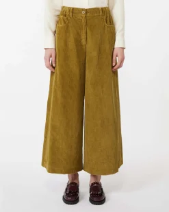 Pantaloni ampi cropped verde oliva Weekend Max Mara in velluto di puro cotone 350 righe con elastico inserito in vita