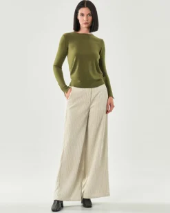 Pantaloni avorio Hlo! dalla linea a palazzo in velluto a coste con elastico in vita