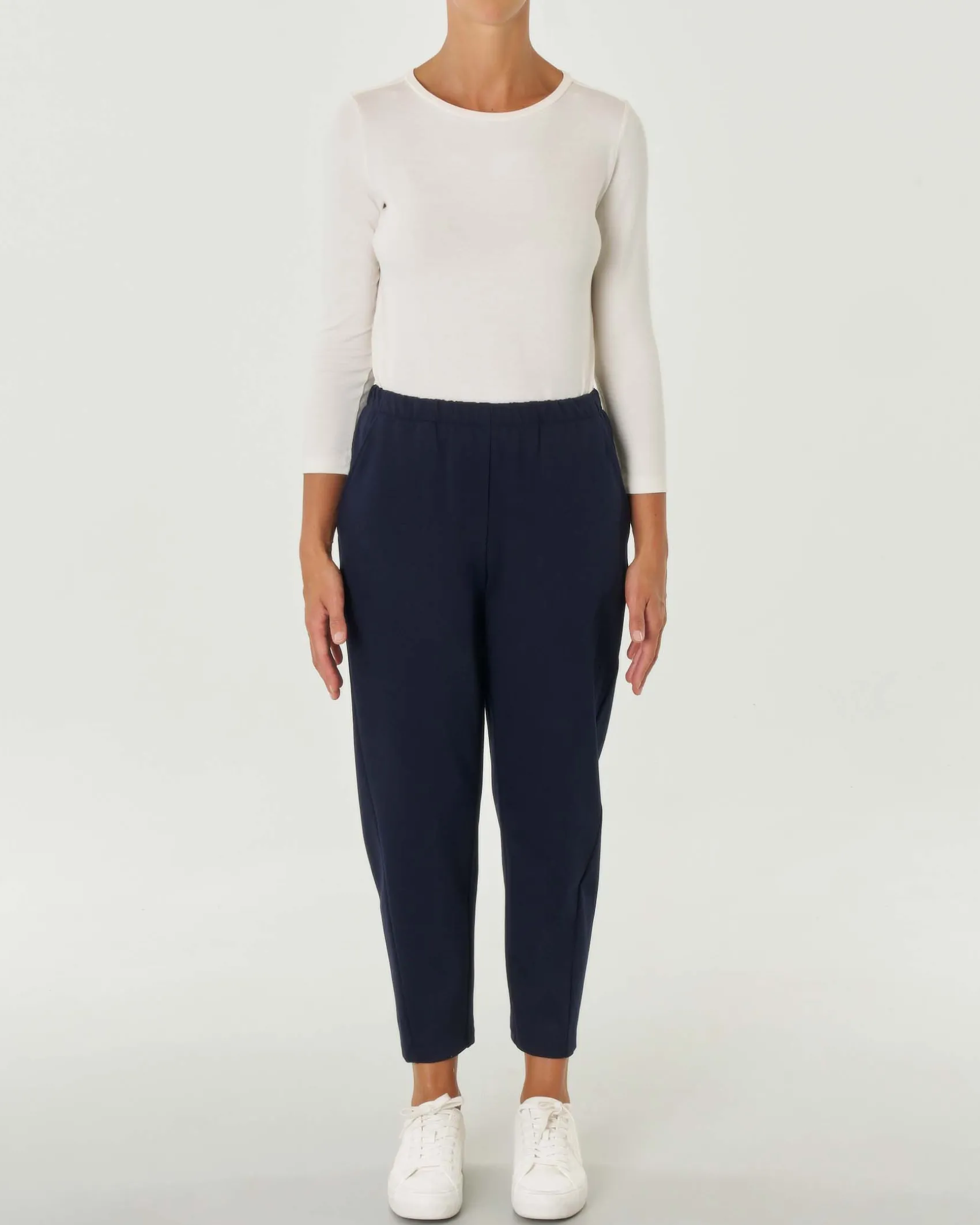 Pantaloni balloon blu in jersey punto Milano di viscosa stretch