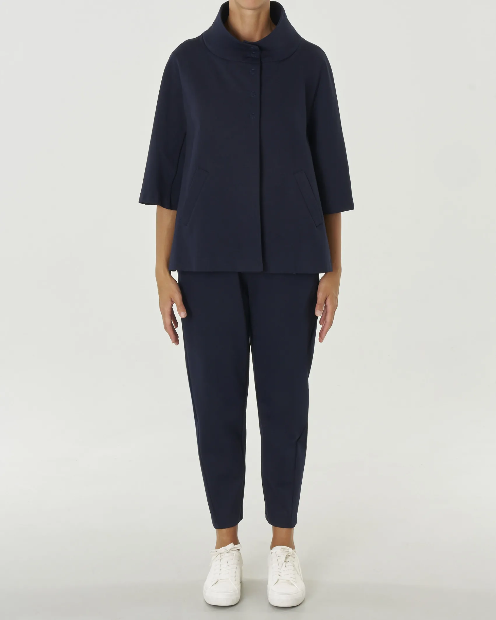 Pantaloni balloon blu in jersey punto Milano di viscosa stretch