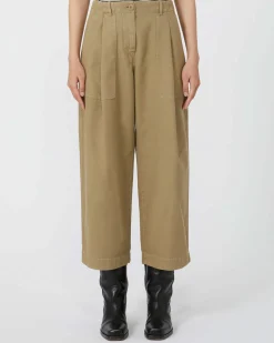 Pantaloni barrel leg color khaki Weekend Max Mara in cotone con pinces in vita