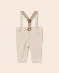 Pantaloni beige in gabardina stretch con bretelle a pois removibili 4-18 mesi