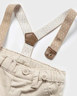 Pantaloni beige in gabardina stretch con bretelle a pois removibili 4-18 mesi