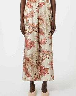 Pantaloni beige Weekend Max Mara in raso di seta fantasia foliage rosa con elastico inserito in vita