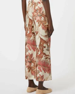 Pantaloni beige Weekend Max Mara in raso di seta fantasia foliage rosa con elastico inserito in vita