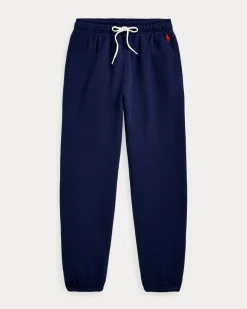 Pantaloni blu in felpa di cotone garzato con elastico al fondo e logo rosso ricamato