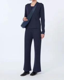 Pantaloni blu in trico di misto viscosa stretch a coste piatte MM Max Mara