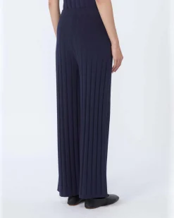Pantaloni blu in trico di misto viscosa stretch a coste piatte MM Max Mara