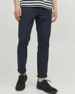 Pantaloni chino Jack & Jones slim-fit blu in tessuto armaturato di cotone stretch con risvolti al fondo