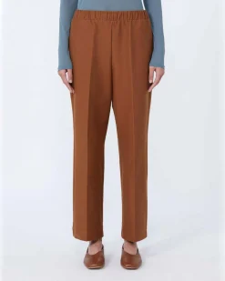 Pantaloni dritti color cuoio MM Max Mara in jersey di misto cotone effetto denim con elastico in vita