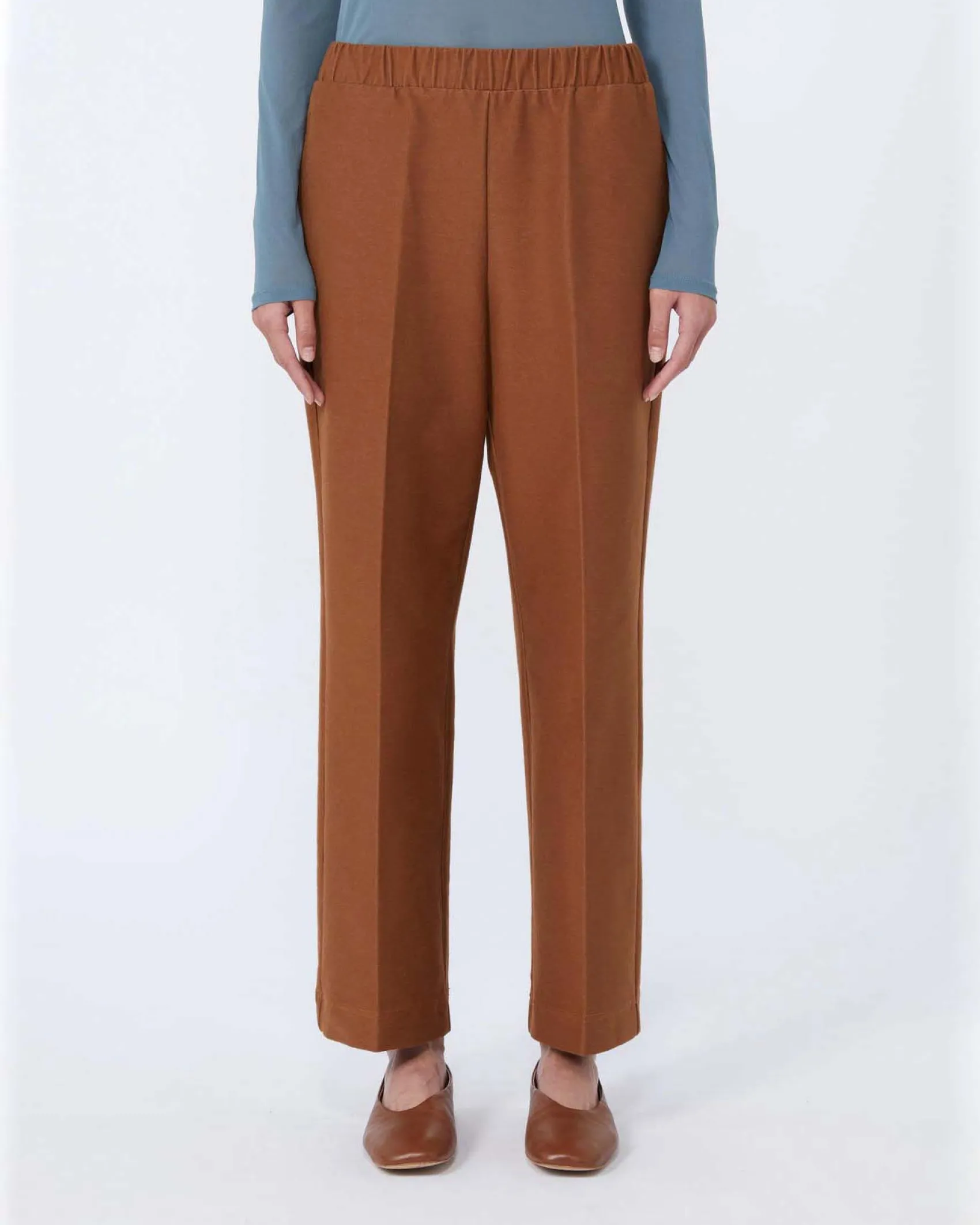 Pantaloni dritti color cuoio MM Max Mara in jersey di misto cotone effetto denim con elastico in vita