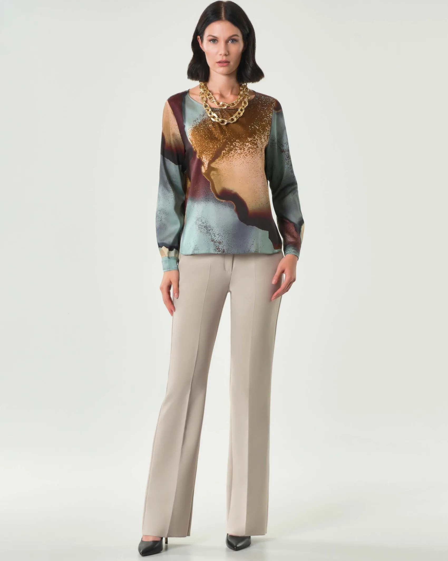 Pantaloni flare color sabbia Emme Marella in tessuto bstretch di misto viscosa