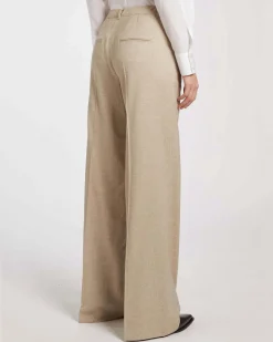 Pantaloni greige Marella in sablé di lana e viscosa stretch dalla linea a palazzo con piega stirata
