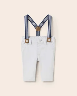 Pantaloni grigi in gabardina stretch con bretelle a pois removibili 6-18 mesi