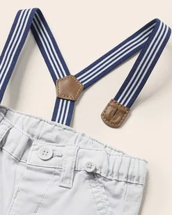 Pantaloni grigi in gabardina stretch con bretelle a pois removibili 6-18 mesi