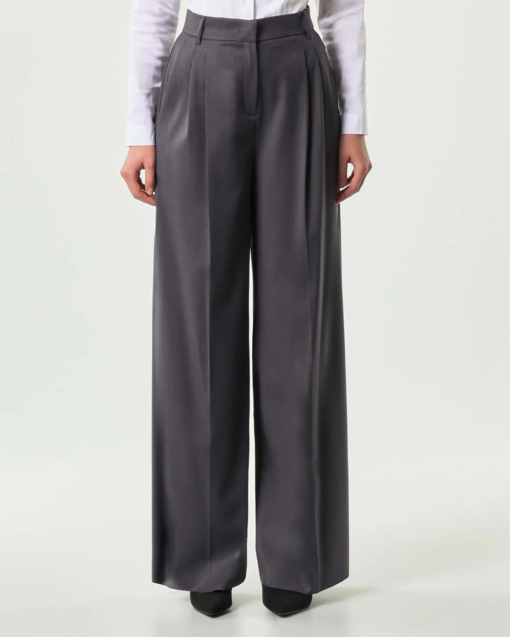 Pantaloni grigio antracite Emme Marella in flanella di misto viscosa con pinces in vita