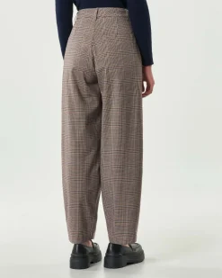 Pantaloni Hlo! dalla linea baloon in misto viscosa a fantasia Principe di Galles marrone e bordeaux con pinces