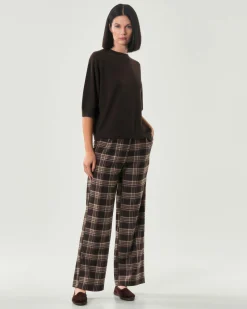 Pantaloni Hlo! in misto viscosa a fantasia check marrone e beige con pinces