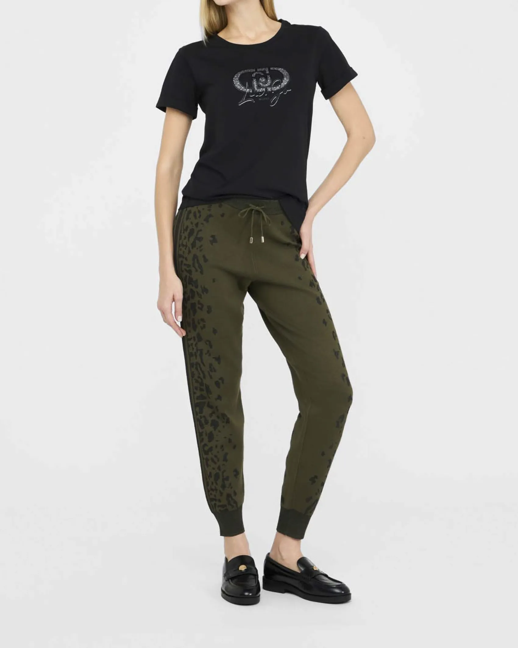 Pantaloni jogging Liu Jo Sport verde militare in maglia con motivo animalier
