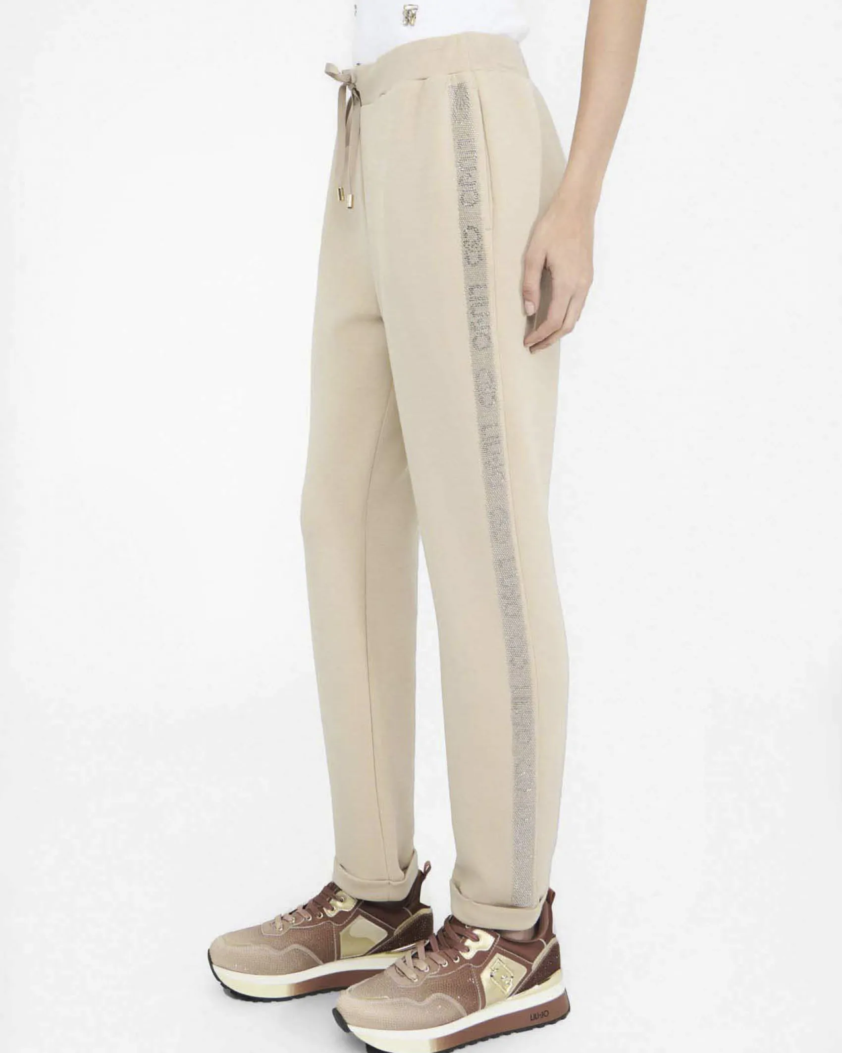 Pantaloni Liu Jo Sport beige in modal con banda laterale in rilievo