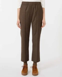 Pantaloni marroni a microfantasia color noce Weekend Max Mara in flanella di lana stretch con elastico in vita