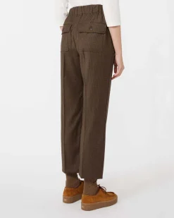 Pantaloni marroni a microfantasia color noce Weekend Max Mara in flanella di lana stretch con elastico in vita