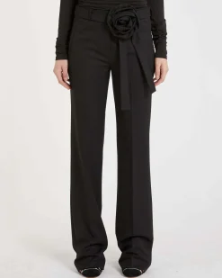 Pantaloni neri flare Marella in misto viscosa stretch con cintura rimovibile con fiore