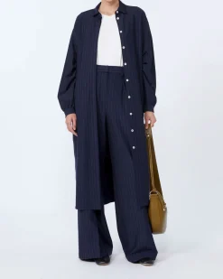Pantaloni palazzo blu in jersey di viscosa con motivo gessato MM Max Mara con pinces in vita
