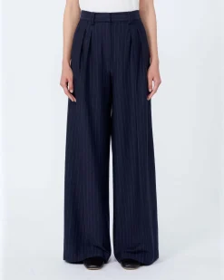 Pantaloni palazzo blu in jersey di viscosa con motivo gessato MM Max Mara con pinces in vita