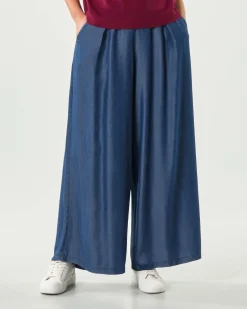 Pantaloni palazzo blu stone washed Hlo! in lyocell con pinces in vita ed elastico sul retro
