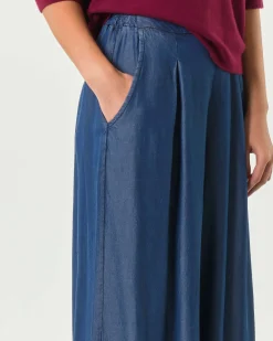 Pantaloni palazzo blu stone washed Hlo! in lyocell con pinces in vita ed elastico sul retro
