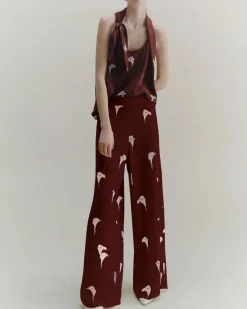 Pantaloni palazzo bordeaux Marella in crêpe de Chine di pura seta a fantasia calle bianche