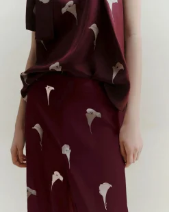 Pantaloni palazzo bordeaux Marella in crêpe de Chine di pura seta a fantasia calle bianche