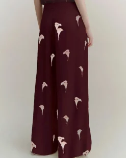 Pantaloni palazzo bordeaux Marella in crêpe de Chine di pura seta a fantasia calle bianche
