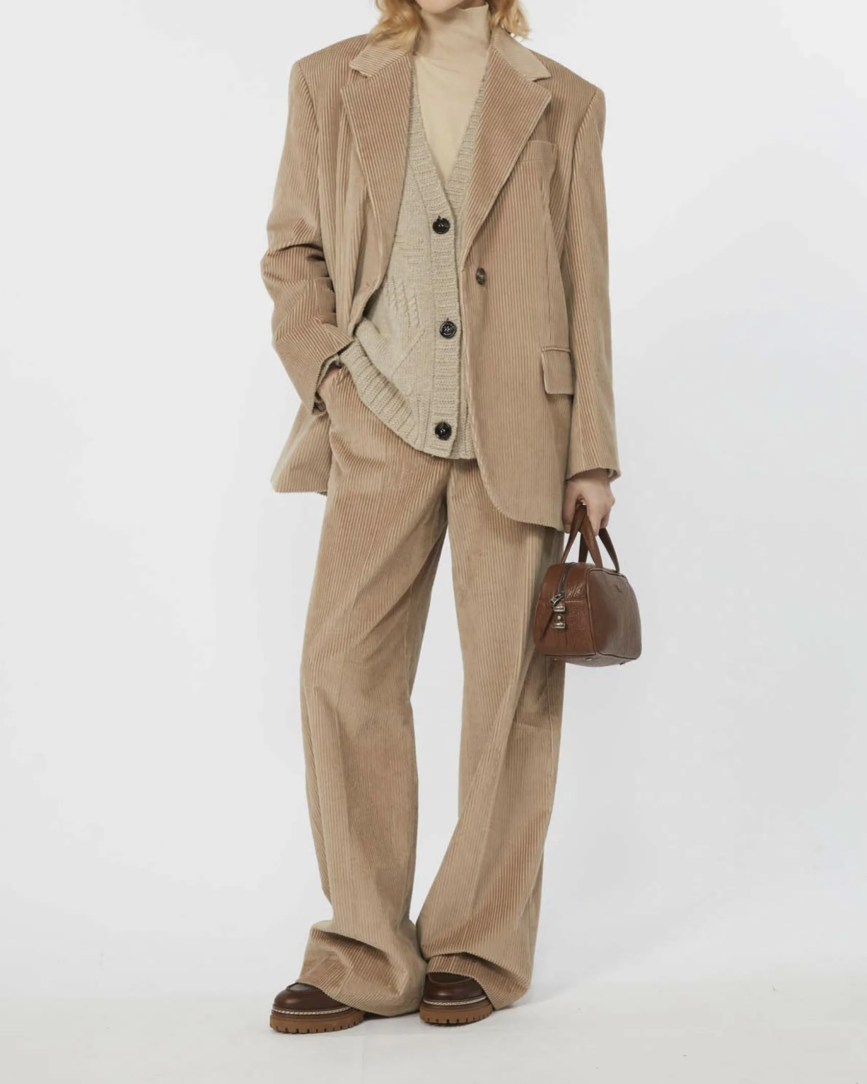 Pantaloni palazzo color sabbia Weekend Max Mara in velluto di puro cotone 350 righe