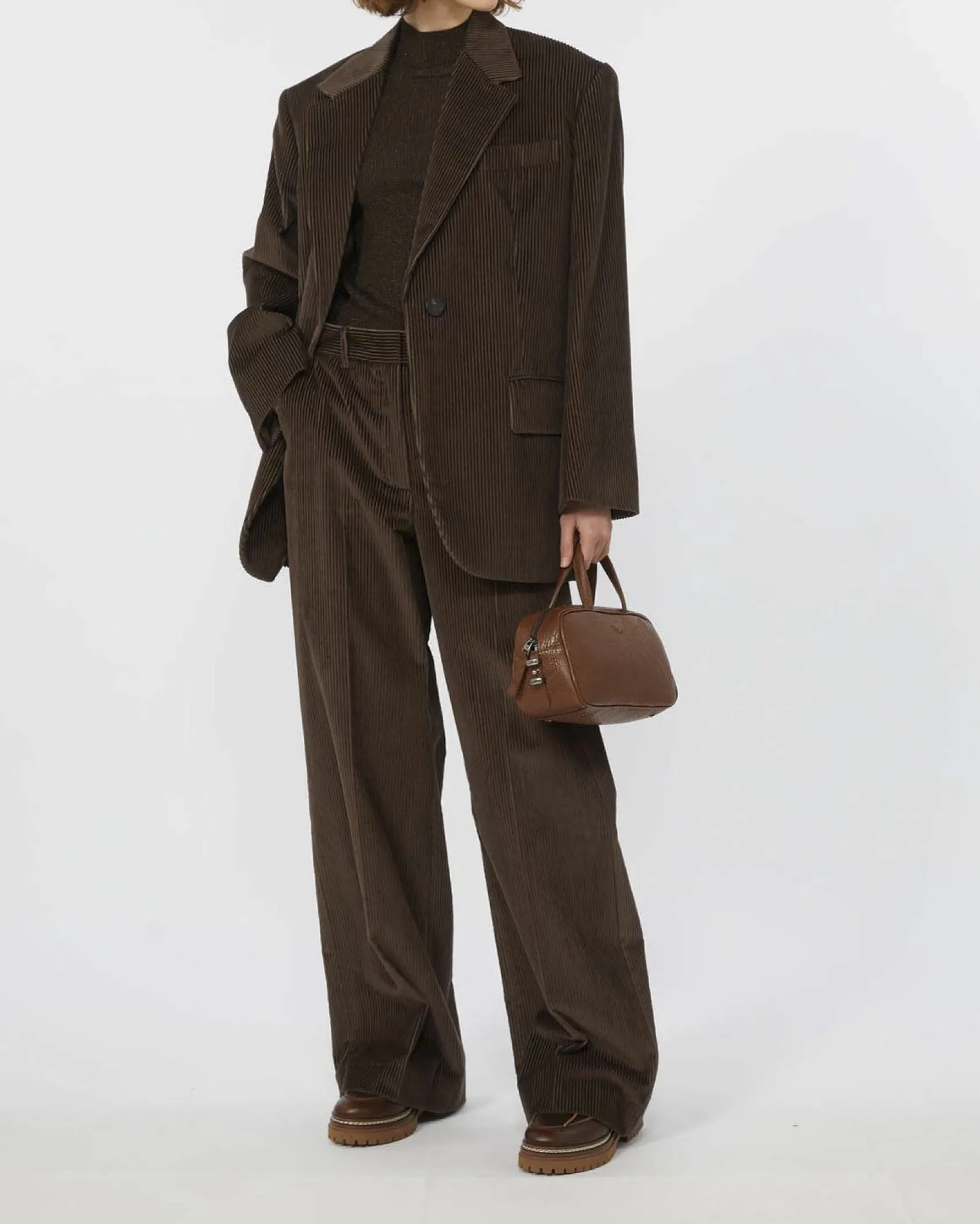 Pantaloni palazzo color testa moro Weekend Max Mara in velluto di puro cotone 350 righe