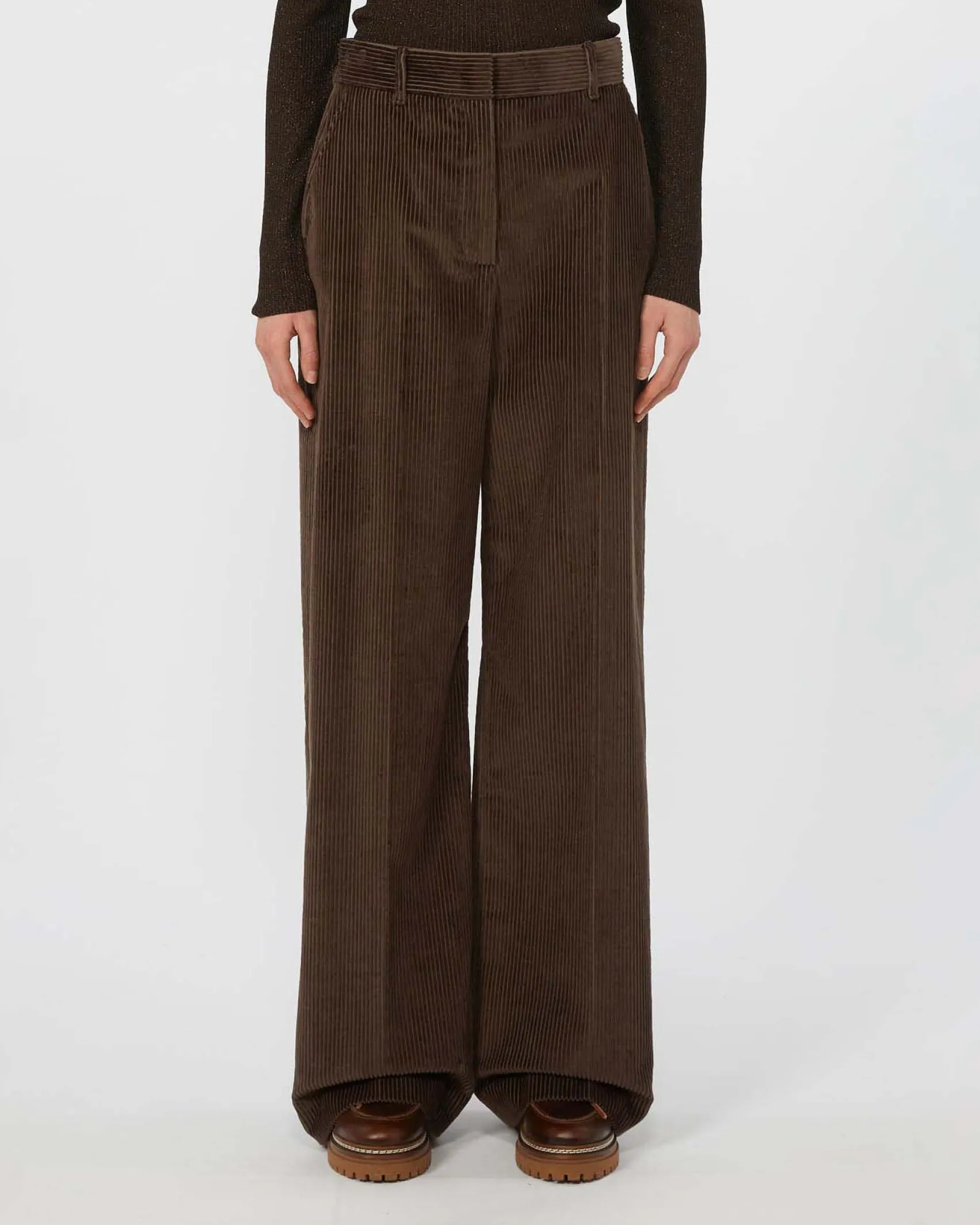 Pantaloni palazzo color testa moro Weekend Max Mara in velluto di puro cotone 350 righe