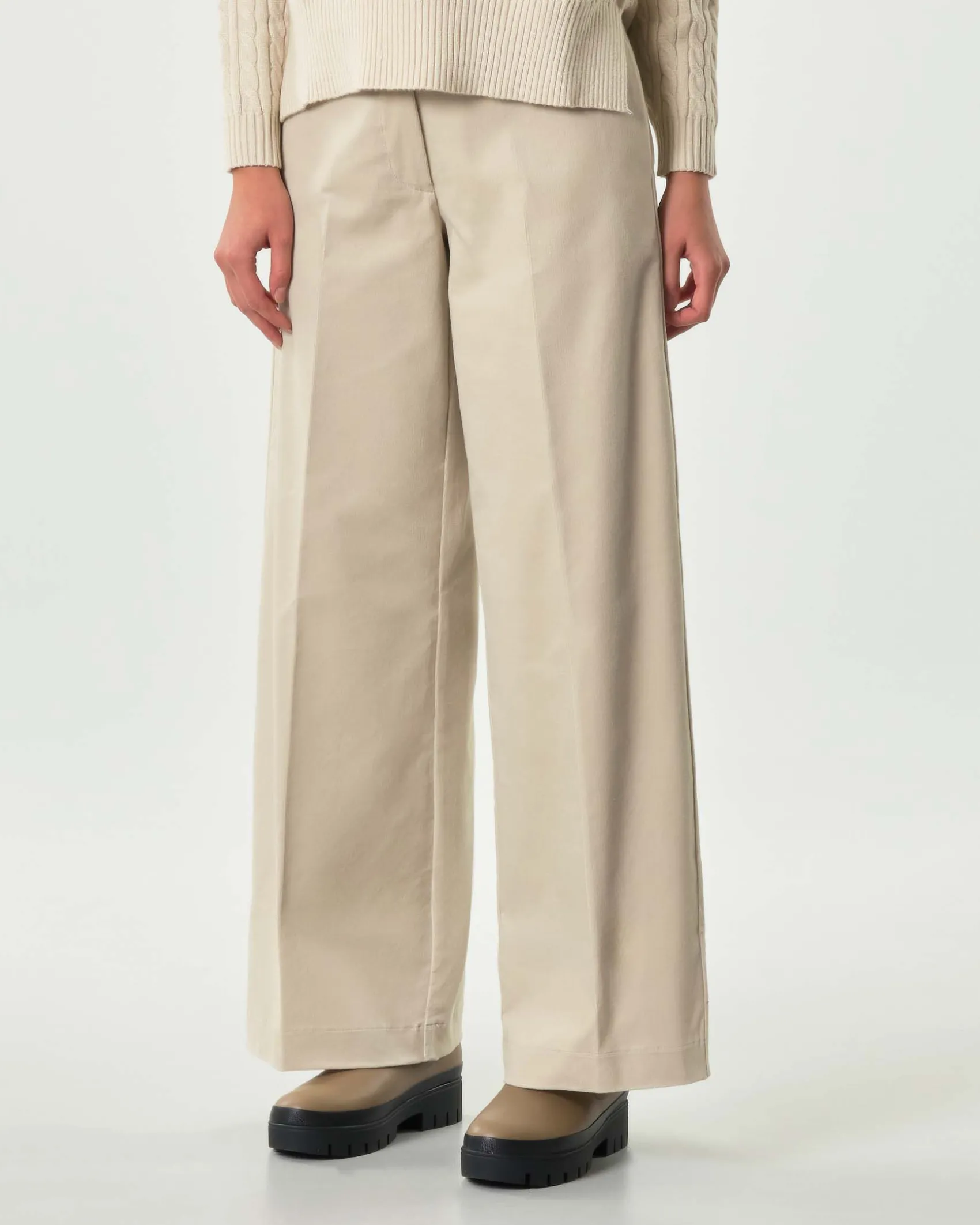 Pantaloni palazzo Hlo! color sabbia in misto cotone mille righe
