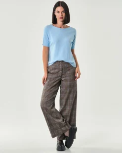 Pantaloni palazzo Hlo! in misto viscosa a fantasia scozzese marrone e azzurra