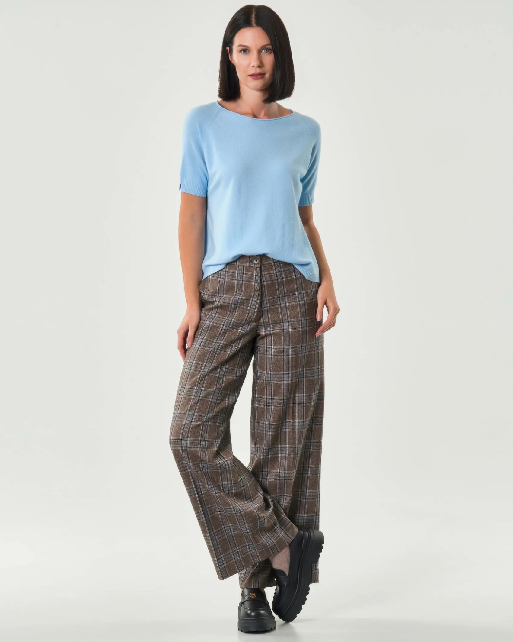 Pantaloni palazzo Hlo! in misto viscosa a fantasia scozzese marrone e azzurra