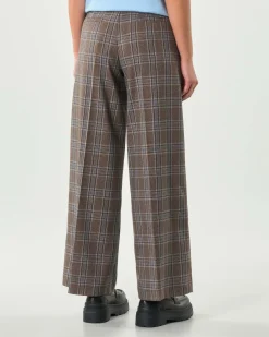 Pantaloni palazzo Hlo! in misto viscosa a fantasia scozzese marrone e azzurra