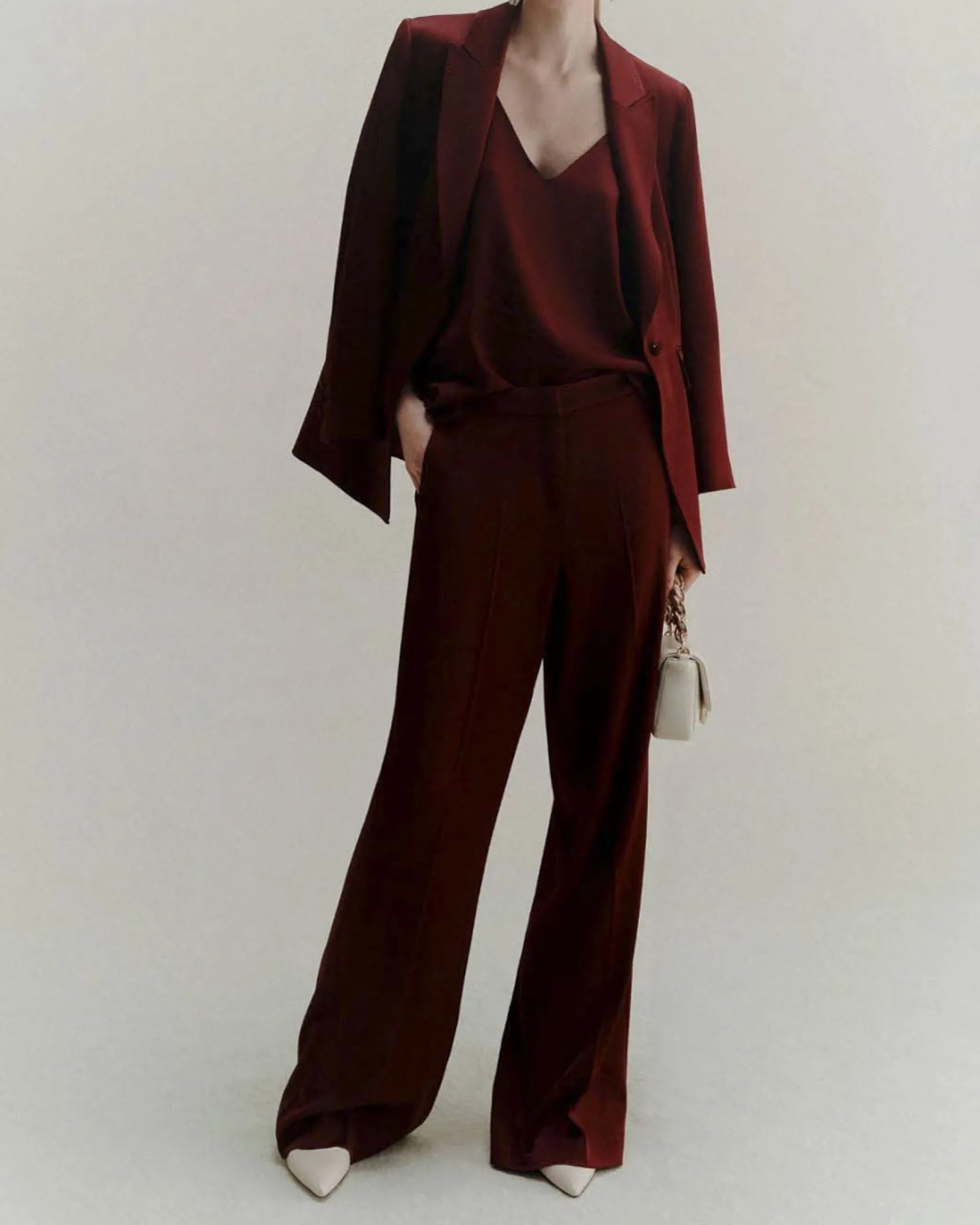 Pantaloni palazzo Marella in raso bordeaux