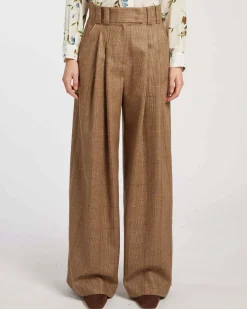 Pantaloni palazzo Marella in pura lana color cammello in Principe Galles con doppia pinces in vita
